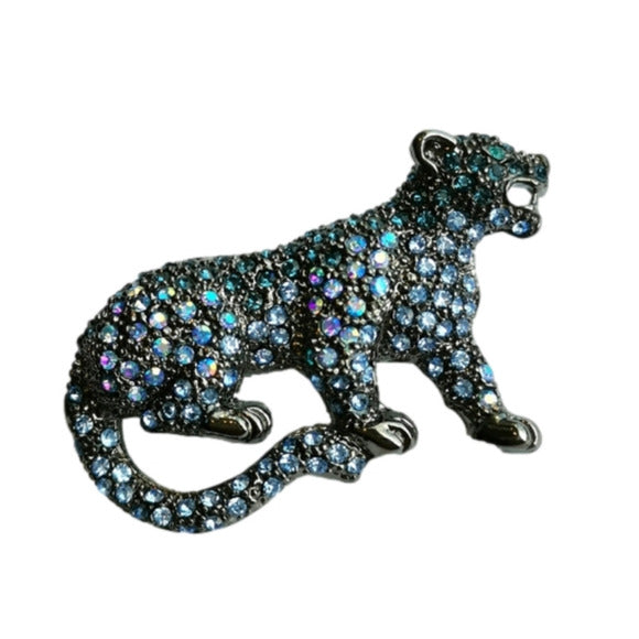 Blue Black Crystal Panther Leopard Brooch