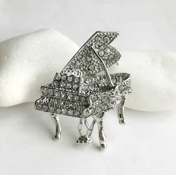 Crystal Piano Brooch in Silver Tone