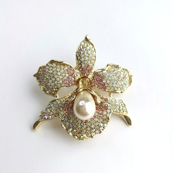 Crystal and Pearl Orchid Brooch in Rose Gold Tone