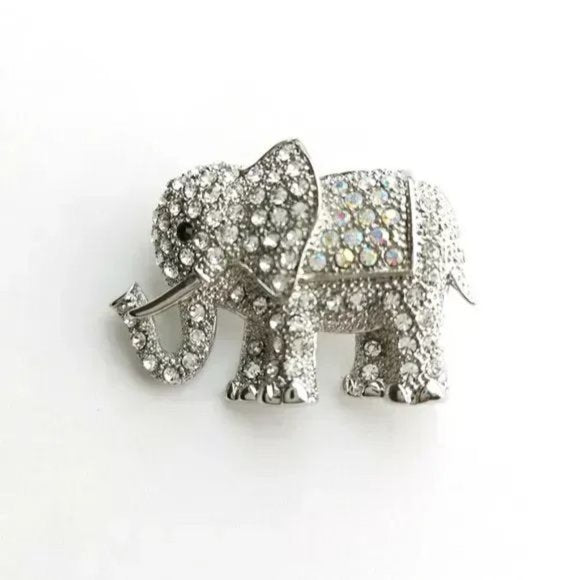 Clear Crystal Elephant Brooch in Silver Tone