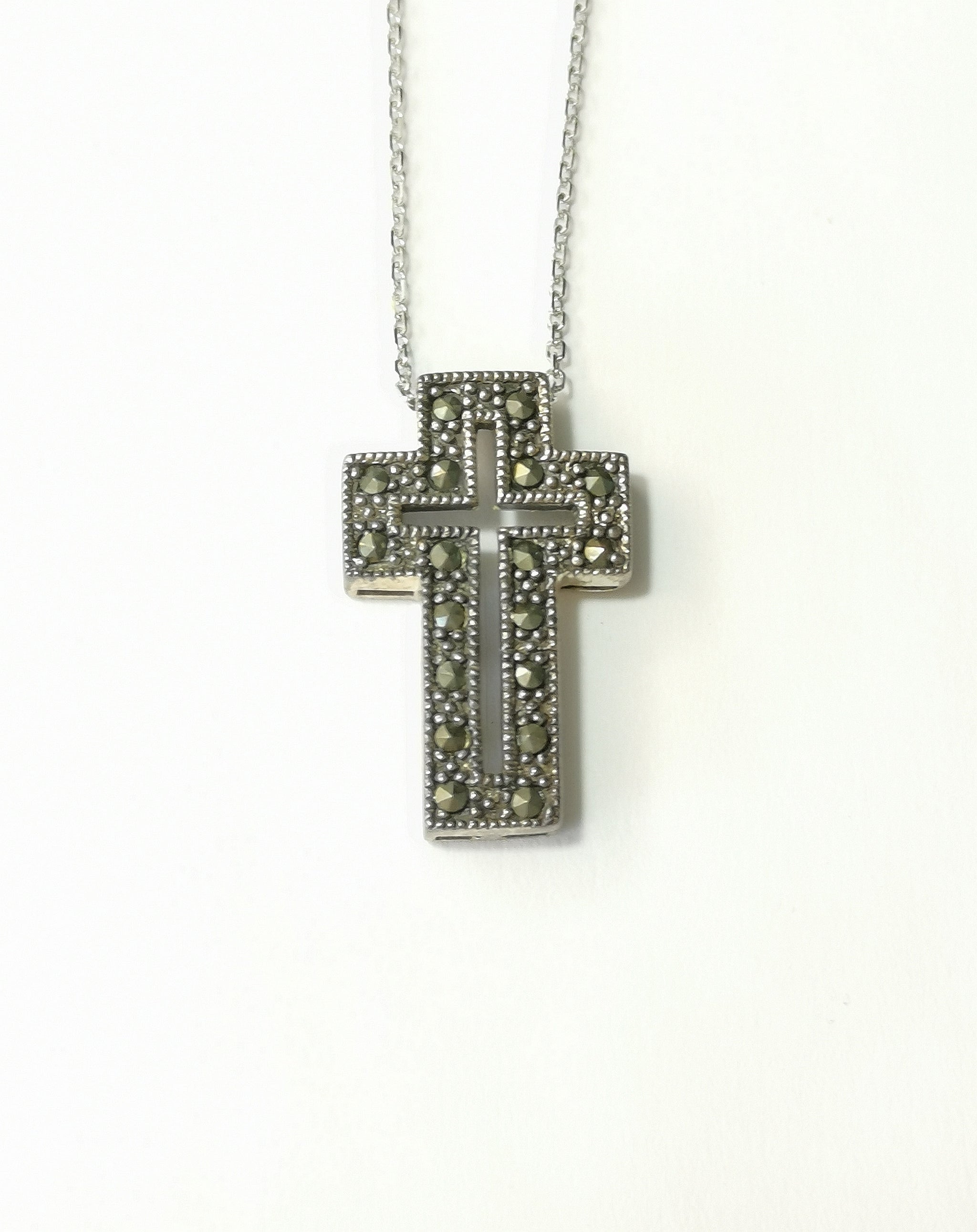 Vintage Marcasite Cross Pendant Necklace In Sterling Silver