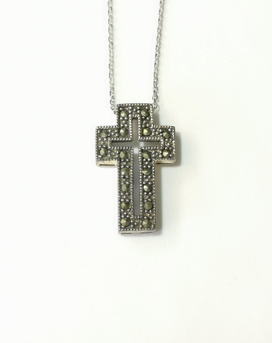 Vintage Marcasite Cross Pendant Necklace In Sterling Silver