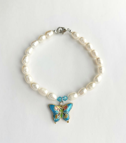 White Freshwater Pearl Bracelet Blue Cloisonne Enamel Butterfly Charm