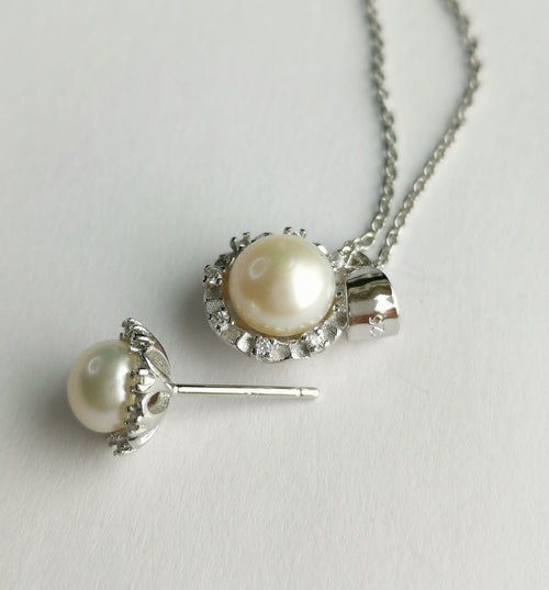 Cultured White Pearl White Sapphire Halo Pendant Necklace Earring Set