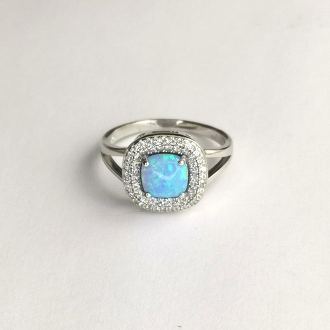 Blue Opal Pave CZ Halo Cocktail Ring