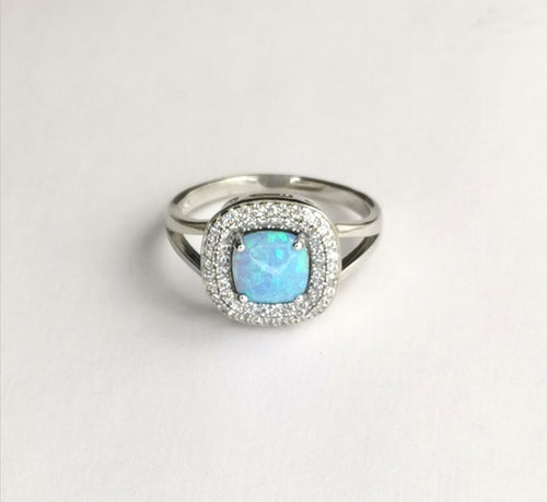 Blue Opal Pave CZ Halo Cocktail Ring