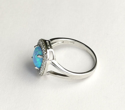 Blue Opal Pave CZ Halo Cocktail Ring