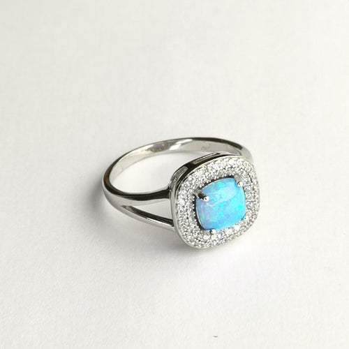 Blue Opal Pave CZ Halo Cocktail Ring