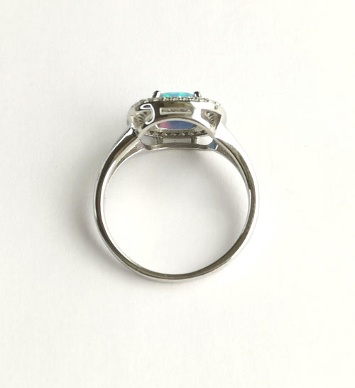 Blue Opal Pave CZ Halo Cocktail Ring