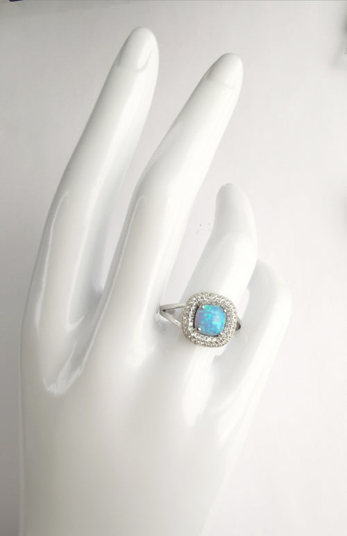 Blue Opal Pave CZ Halo Cocktail Ring