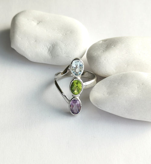 Modernist Three Gemstone Ring Peridot, Blue Topaz, Amethyst in Sterling Silver