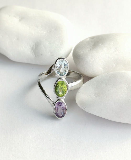 Modernist Three Gemstone Ring Peridot, Blue Topaz, Amethyst in Sterling Silver