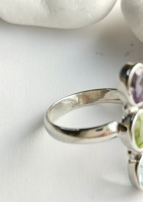 Modernist Three Gemstone Ring Peridot, Blue Topaz, Amethyst in Sterling Silver