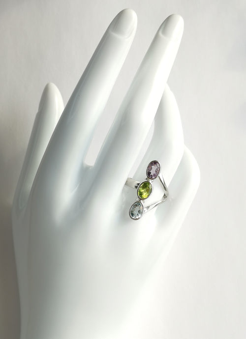 Modernist Three Gemstone Ring Peridot, Blue Topaz, Amethyst in Sterling Silver