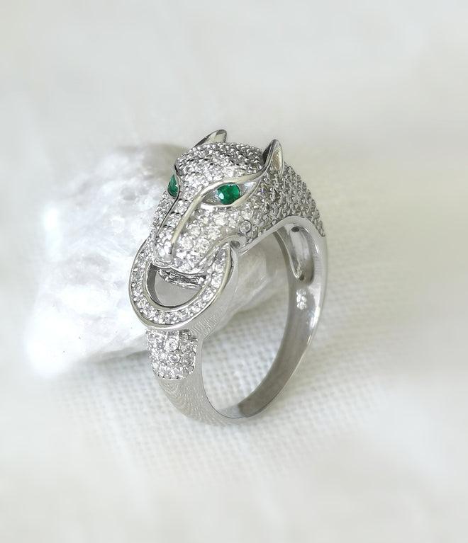 Pave CZ Panther Ring in Sterling Silver Green Eyes