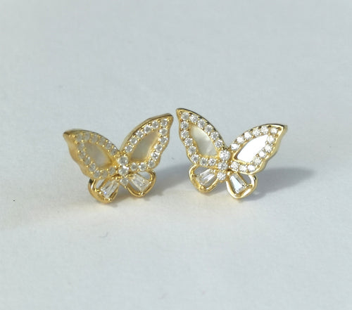 Mother of Pearl CZ Butterfly Earrings in 14K Gold