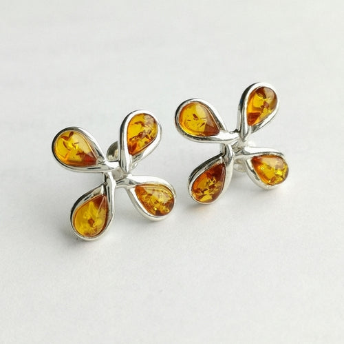 Baltic Amber Modern Flower Stud Earrings in Sterling Silver