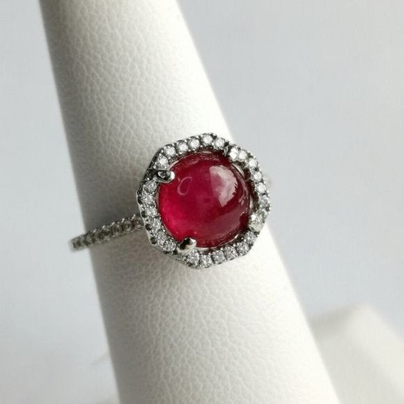 Vintage Cabochon Ruby Ring with White Sapphire Halo