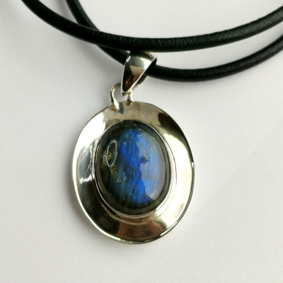 Modernist Cabochon Labradorite Pendant in Sterling Silver on Black Cord