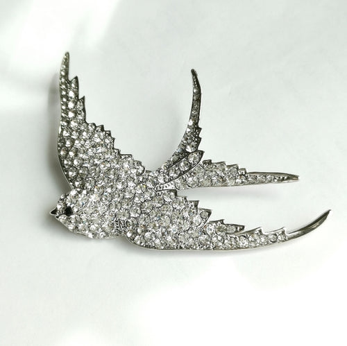 Crystal Swallow Bird Brooch in Silver Tone