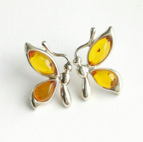 Baltic Amber Butterfly Stud Earrings in Sterling Silver