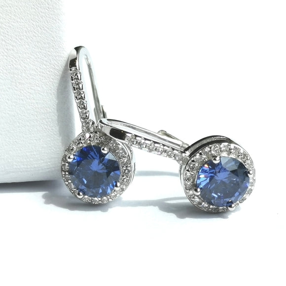 Tanzanite CZ Halo Drop Earrings in Sterling Silver Lever Back