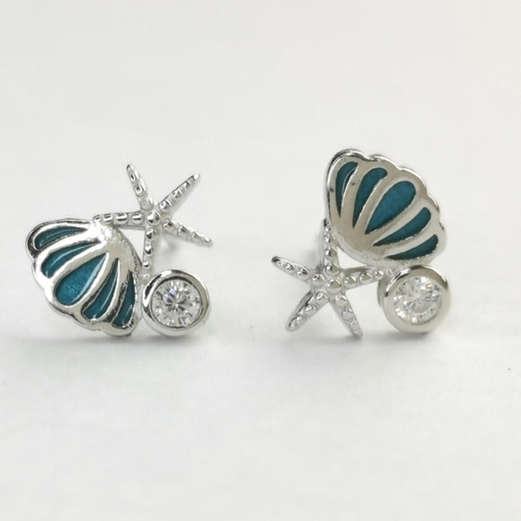 Small Shell and Starfish blue enamel stud earrings in Sterling Silver