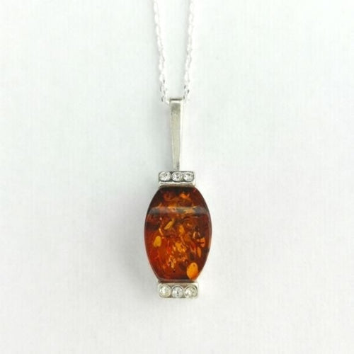 Baltic Amber Pendant Necklace in Sterling Silver with CZ accents