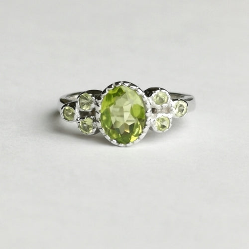 Victorian Revival Apple Green Peridot ring in Sterling Silver