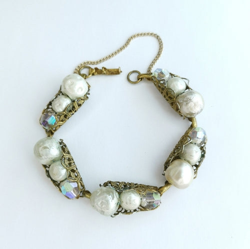 Antique 1930's Faux Pearl Crystal Bracelet in Gold Tone