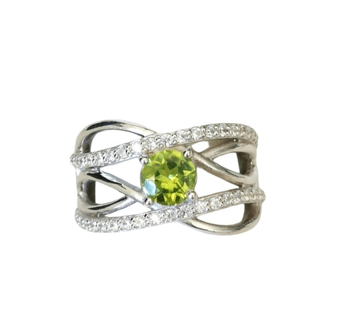 Apple Green Peridot White Topaz Waves Cocktail Ring In Sterling Silver