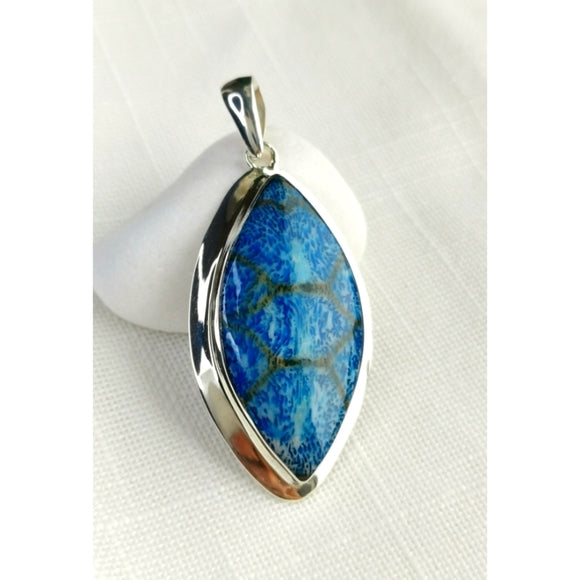 Blue Jasper Marquise Cabochon Pendant in Sterling Silver