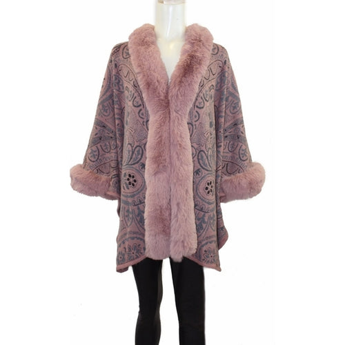 Dusty Rose Poncho Wrap Coat with faux fur trim one size