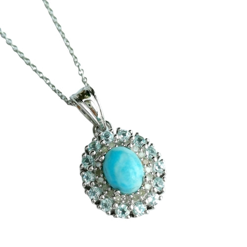 Vintage Larimar Blue Topaz Diamond Pendant Necklace