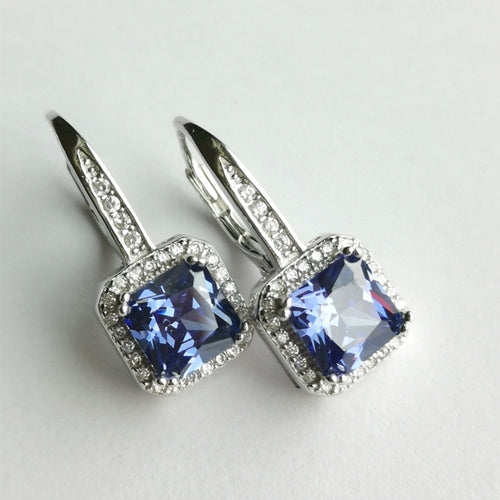 NWT Sapphire CZ Halo Drop Earrings in Sterling Silver Lever Back