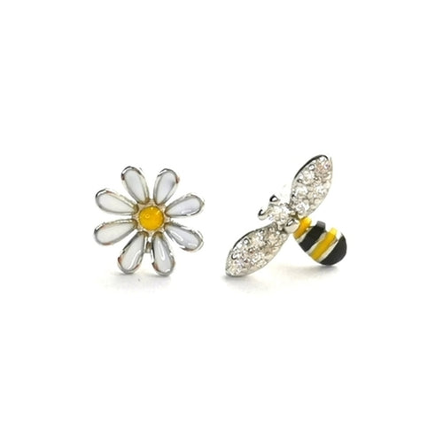 Small Flower and Bee Stud Earrings in Enamel and CZ in Sterling Silver