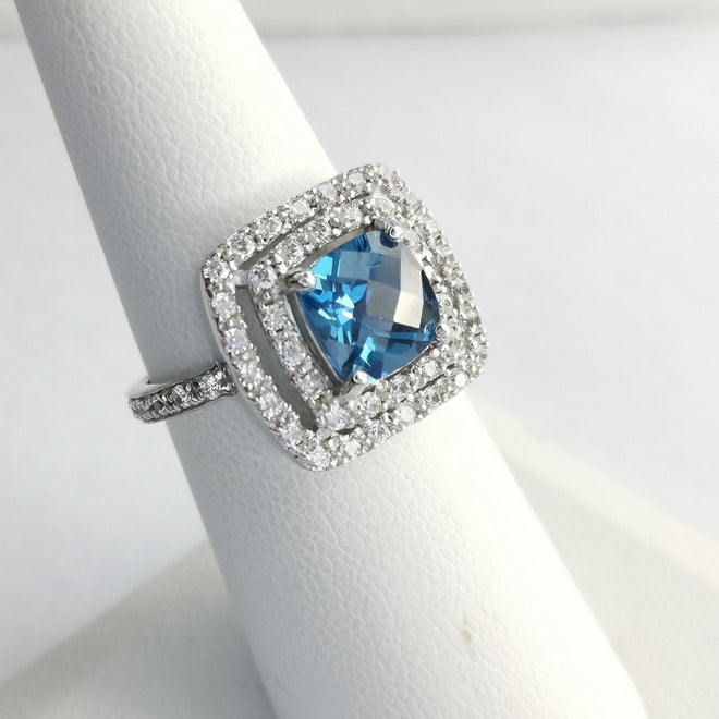 Swiss Blue Topaz White Sapphire Halo Cocktail Ring