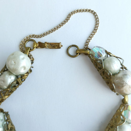 Antique 1930's Faux Pearl Crystal Bracelet in Gold Tone