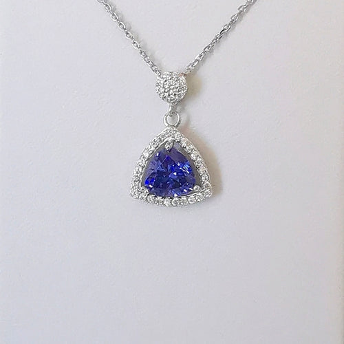 Trillion Sapphire with Halo Pendant Necklace in Sterling Silver