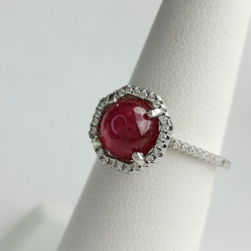 Vintage Cabochon Ruby Ring with White Sapphire Halo