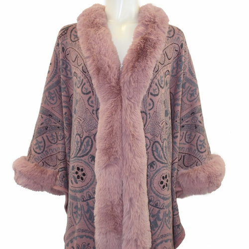Dusty Rose Poncho Wrap Coat with faux fur trim one size