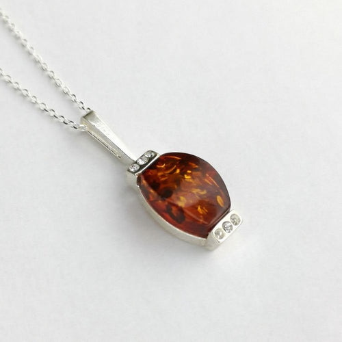 Baltic Amber Pendant Necklace in Sterling Silver with CZ accents