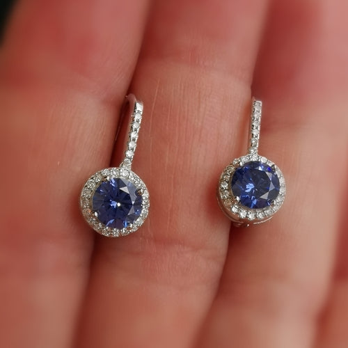 Tanzanite CZ Halo Drop Earrings in Sterling Silver Lever Back