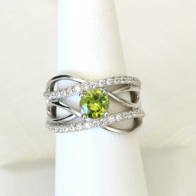 Apple Green Peridot White Topaz Waves Cocktail Ring In Sterling Silver