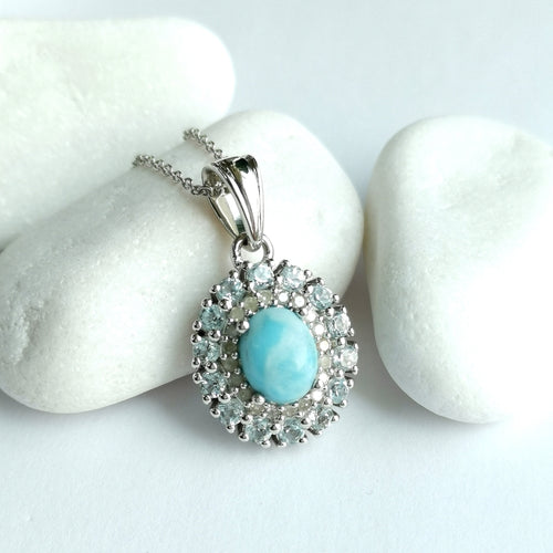 Vintage Larimar Blue Topaz Diamond Pendant Necklace