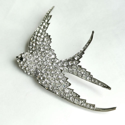 Crystal Swallow Bird Brooch in Silver Tone