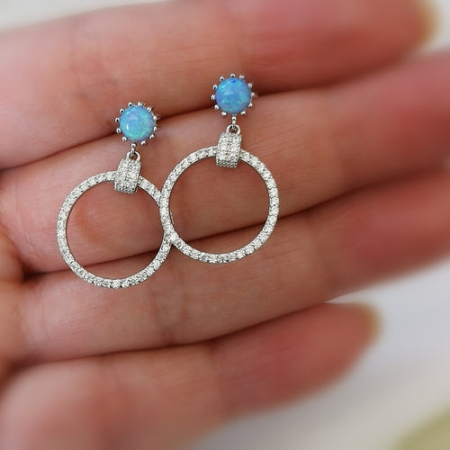 Blue Opal and CZ hoop earrings in Sterling Silver