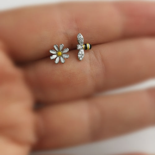 Small Flower and Bee Stud Earrings in Enamel and CZ in Sterling Silver