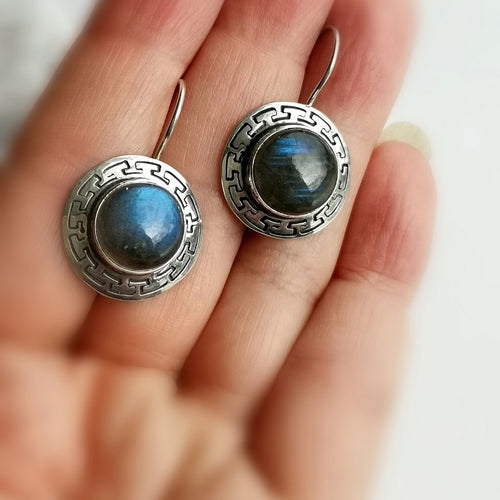 Labradorite Drop Earrings In Sterling Silver with Greek Key Design