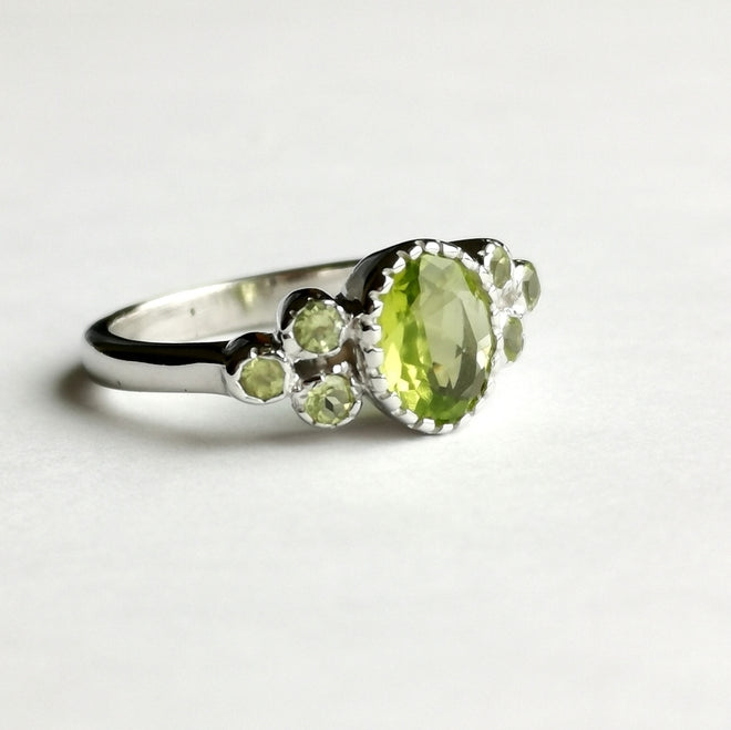 Victorian Revival Apple Green Peridot ring in Sterling Silver